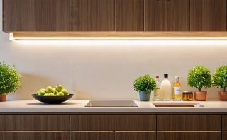 Modern kitchen counter featuring an array of under cabinet lighting solutions including LED puck lights, strip lights, bar lights, tape lights, and rope lights, highlighting their various light temperatures and installation styles.