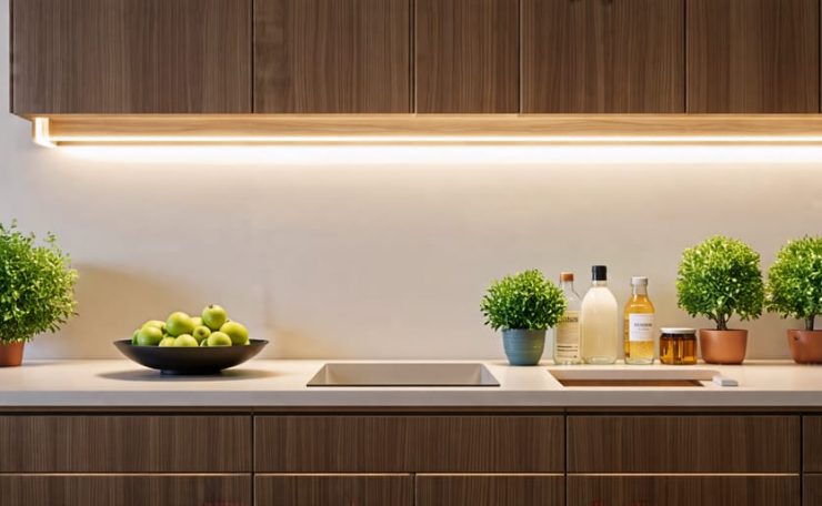 Modern kitchen counter featuring an array of under cabinet lighting solutions including LED puck lights, strip lights, bar lights, tape lights, and rope lights, highlighting their various light temperatures and installation styles.