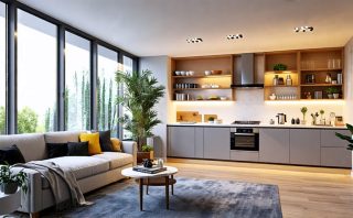 Stylishly designed room with cozy living room corner in warm light, sleek kitchen in cool white light, and modern home office illuminated with daylight bulbs.