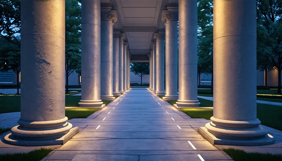 Architectural columns illuminated by white uplighting along a pathway