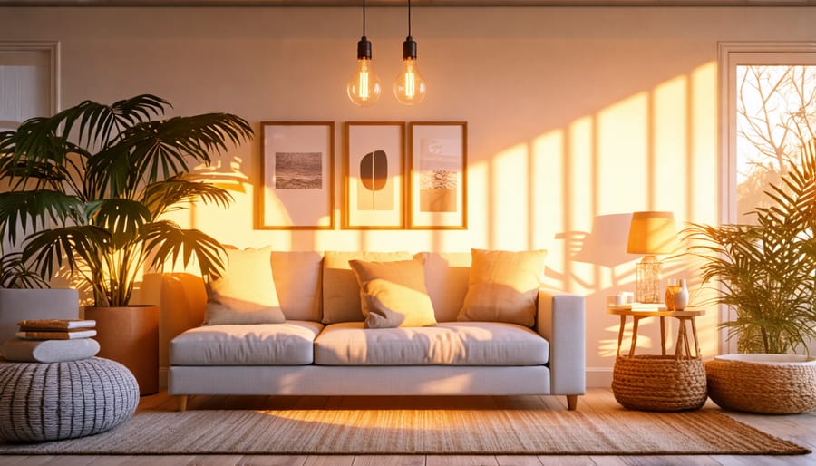 Warm and inviting living room illuminated by warm white light bulbs