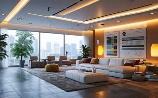 A modern room illuminated by various LED lights, showcasing different color temperatures and designs, with visuals of energy savings and eco-friendly icons subtly integrated.