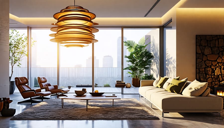 Living room interior showcasing trendy layered lighting design with a bold pendant light fixture