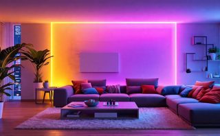 A contemporary living room illuminated by smart lighting in different vibrant colors, controlled by a person using a smartphone app, highlighting the integration of technology with everyday living spaces.