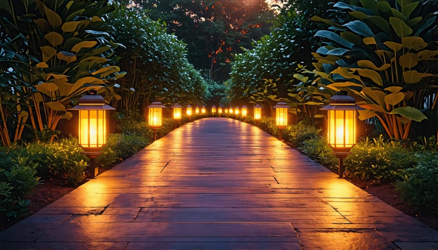 Solar-powered outdoor lighting illuminating a garden path at twilight