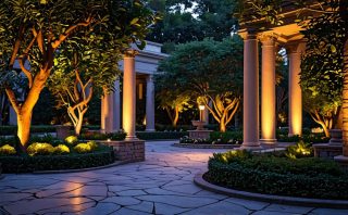 Warm uplighting illuminating large trees, stone columns, and architectural elements in a beautifully landscaped garden at dusk.