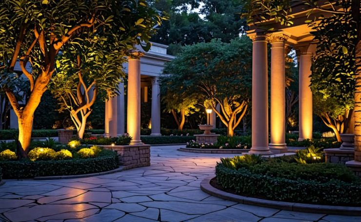 Warm uplighting illuminating large trees, stone columns, and architectural elements in a beautifully landscaped garden at dusk.