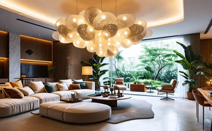 A modern living room featuring various lighting trends of 2023, including a sculptural chandelier, ambient LED lighting, smart lamp, and biophilic elements.