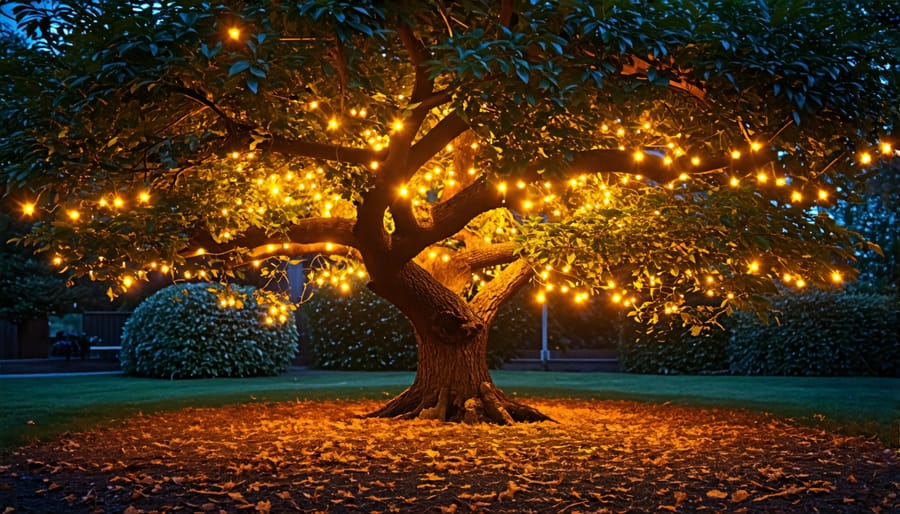 Tree illuminated by warm uplighting in a nighttime garden landscape