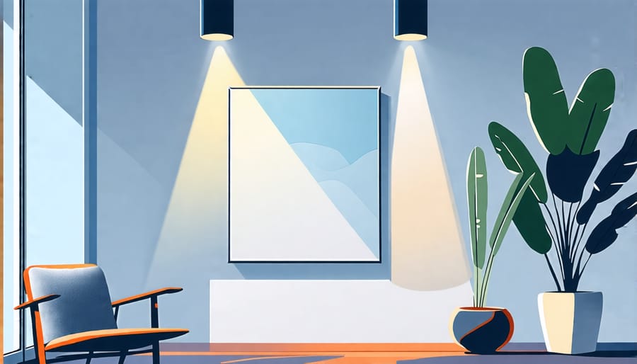 Accent lighting used to emphasize a painting on the wall