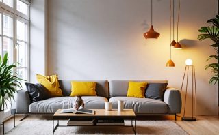 A modern living room showcasing affordable lighting solutions including sleek pendant lights, a stylish floor lamp, and LED bulbs, creating a cozy and inviting atmosphere.