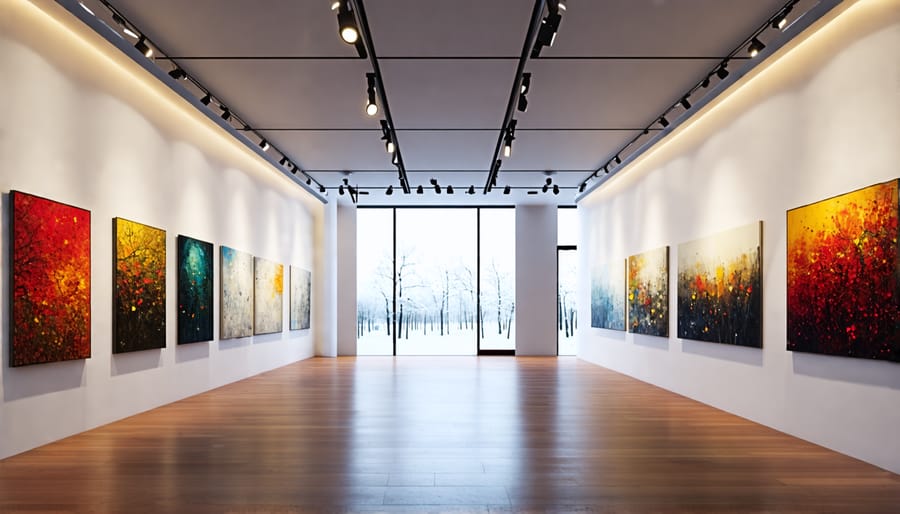 An art gallery with track lighting highlighting various paintings on the wall