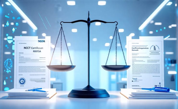 An artistic representation of a balance scale with NCCT and NBSTSA certifications, showcasing the interplay of tech-driven lighting elements and precise surgical tools, set against a modern interior with ambient light.