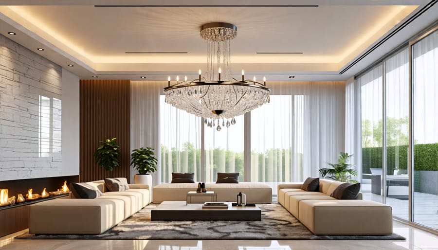 A modern living room with a stylish chandelier and recessed lighting fixtures