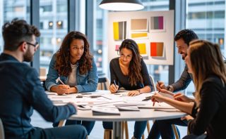 Designers and clients collaborating over a lighting design project, surrounded by sketches, fixtures, and mood boards, in a well-lit room that emphasizes human-centered design.