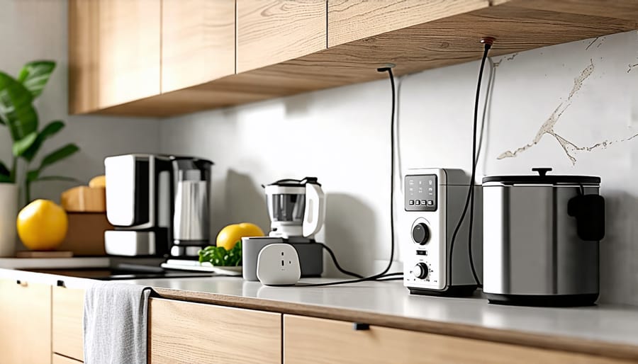 Demonstration of how an under cabinet angled power strip helps declutter kitchen countertops