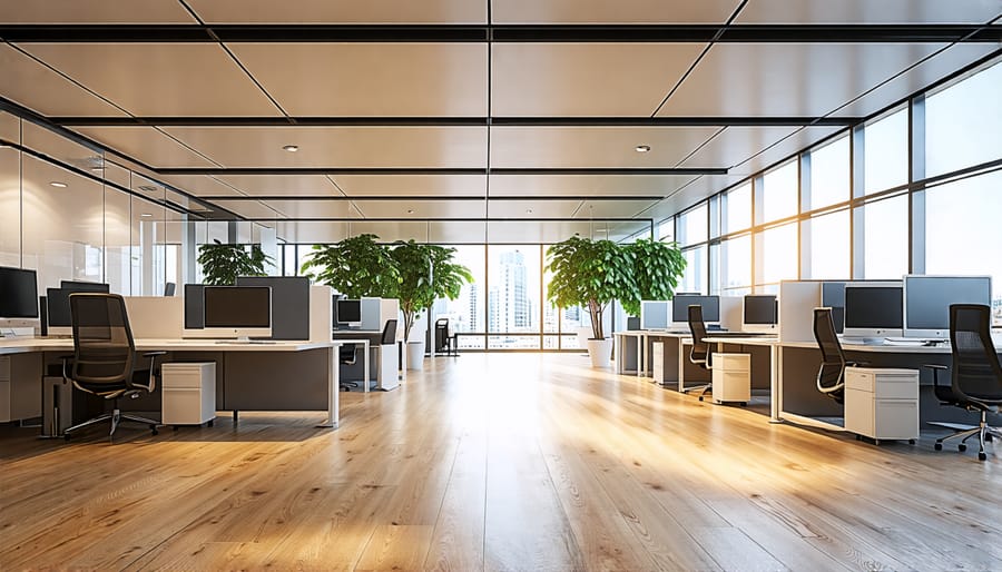 Diffused lighting in an office space with ceiling panels creating soft, even light