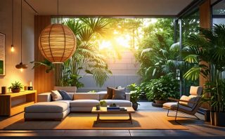 Modern living room illuminated by eco-friendly LED and solar lights, featuring sustainable bamboo and recycled glass fixtures.