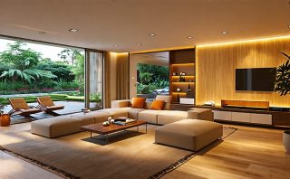 A modern living room with stylish LED and smart lighting fixtures, featuring sustainable materials, showcasing eco-friendly interior design and energy-saving solutions.