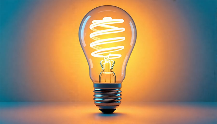 An energy-saving spiral light bulb lit up, symbolizing energy efficiency and cost savings