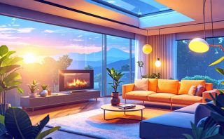 An illustration showcasing a variety of energy-efficient lighting options, including LED bulbs, smart lighting controls, and natural light from windows.