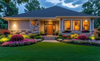 Attractive home exterior with modern front door, well-lit porch, and inviting landscaping for improved curb appeal and increased property value.