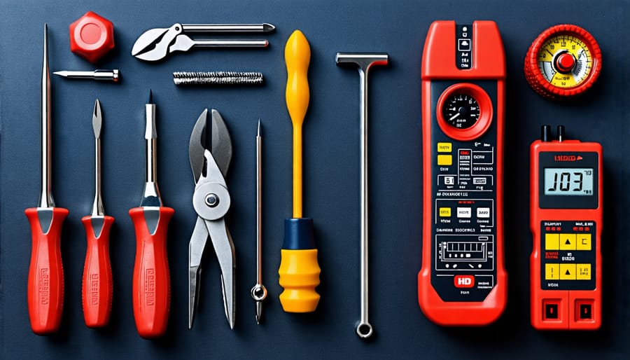 Essential tools for lighting fixture installation, including screwdrivers and voltage tester