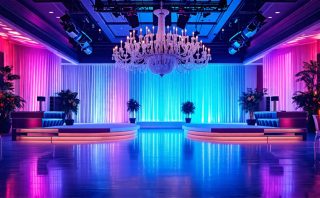 A creatively illuminated event hall highlighting ambient, task, and accent lighting with diverse fixtures, representing expert lighting design.