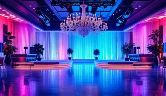 A creatively illuminated event hall highlighting ambient, task, and accent lighting with diverse fixtures, representing expert lighting design.