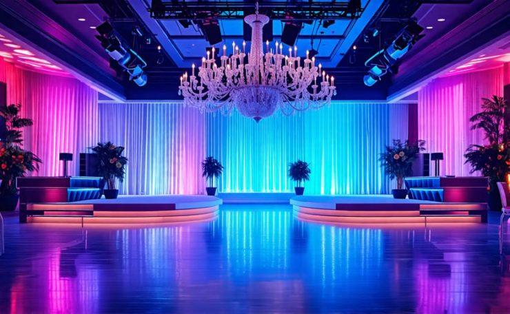 A creatively illuminated event hall highlighting ambient, task, and accent lighting with diverse fixtures, representing expert lighting design.