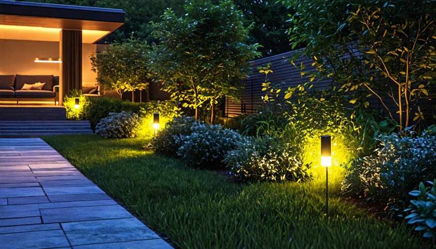 Garden area illuminated by Soltech solar lights emphasizing design and efficiency