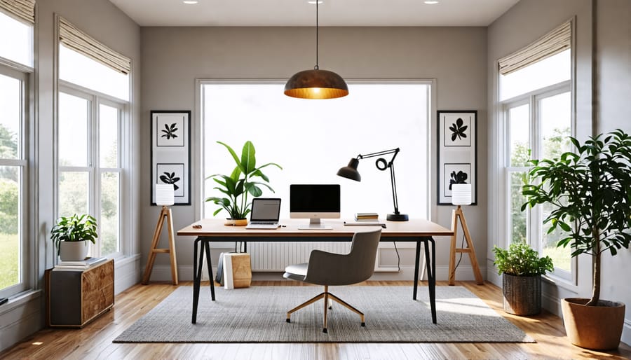 A home office featuring various task lighting solutions like desk lamps and floor lamps