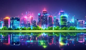 A cityscape showcasing a diverse array of LED and smart lighting, highlighting advancements in energy efficiency, design flexibility, and sustainability in the lighting industry.