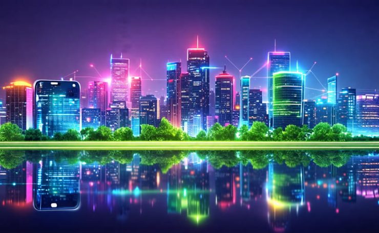 A cityscape showcasing a diverse array of LED and smart lighting, highlighting advancements in energy efficiency, design flexibility, and sustainability in the lighting industry.