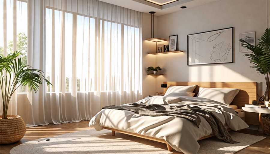 Cozy bedroom with indirect lighting emphasizing the ambient glow