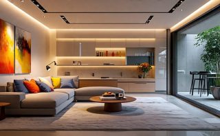 A modern living room showcasing integrated smart lighting, transitioning between warm and vibrant hues to illustrate various moods and activities, demonstrating seamless technology integration.