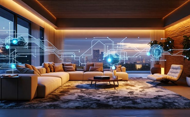 Conceptual representation of a cutting-edge interior design featuring IoT integration with smart lighting and connected devices.