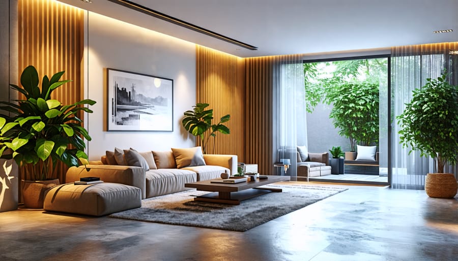 IoT-integrated living room showcasing smart lighting and connected devices