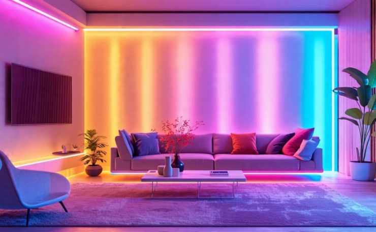 Modern interior space featuring vibrant Kasa Smart Light Strips installed for ambiance, with a smartphone displaying the Kasa app for customization.