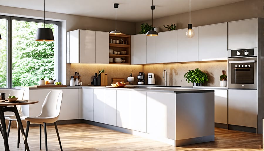 A modern kitchen featuring under-cabinet and pendant lighting