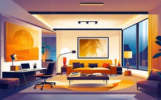 Conceptual illustration showcasing layered lighting design with various light sources illuminating a room's architectural elements and focal points.