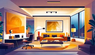 Conceptual illustration showcasing layered lighting design with various light sources illuminating a room's architectural elements and focal points.