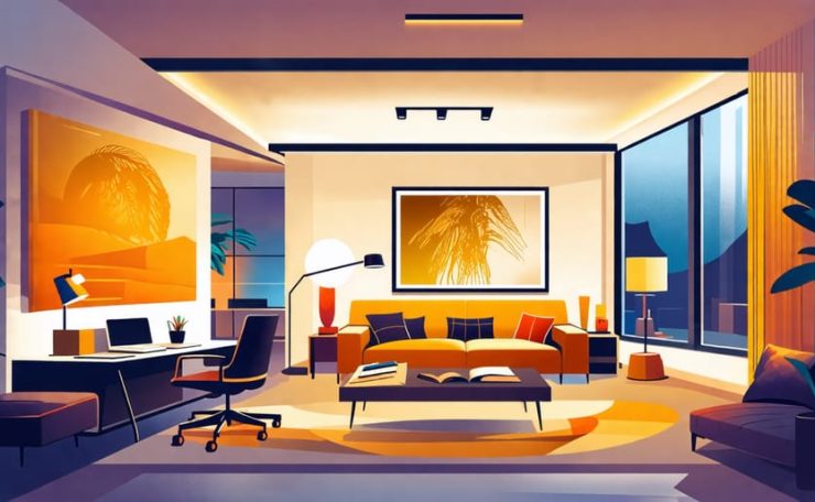 Conceptual illustration showcasing layered lighting design with various light sources illuminating a room's architectural elements and focal points.