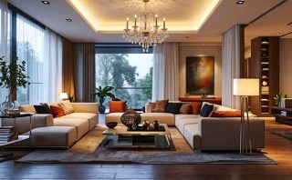 A modern living room showcasing the interplay of ambient, task, and accent lighting, featuring a chandelier, desk lamp, and spotlights to create a balanced and inviting atmosphere.