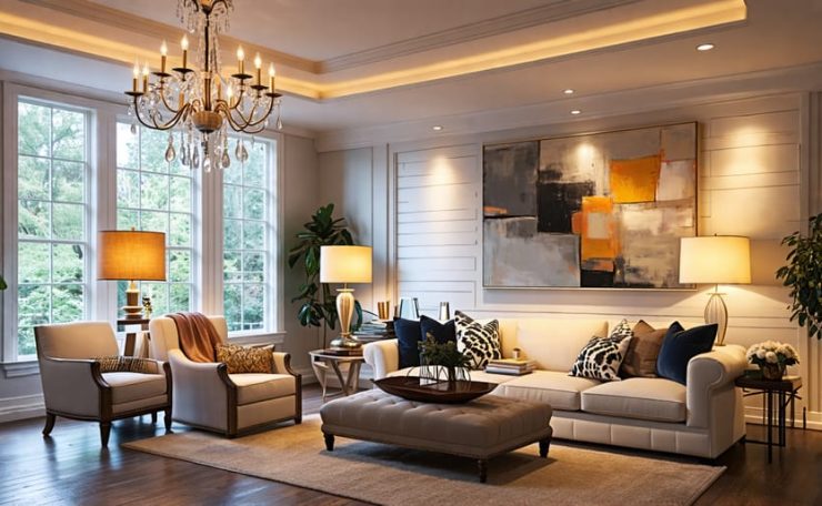 A stylish living room showcasing layered lighting techniques, featuring a chandelier for ambient lighting, desk lamps for task lighting, and track lights accentuating artwork.