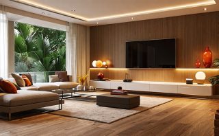 A contemporary living room demonstrating layered lighting, featuring ambient, task, and accent light sources, creating a warm and inviting atmosphere.