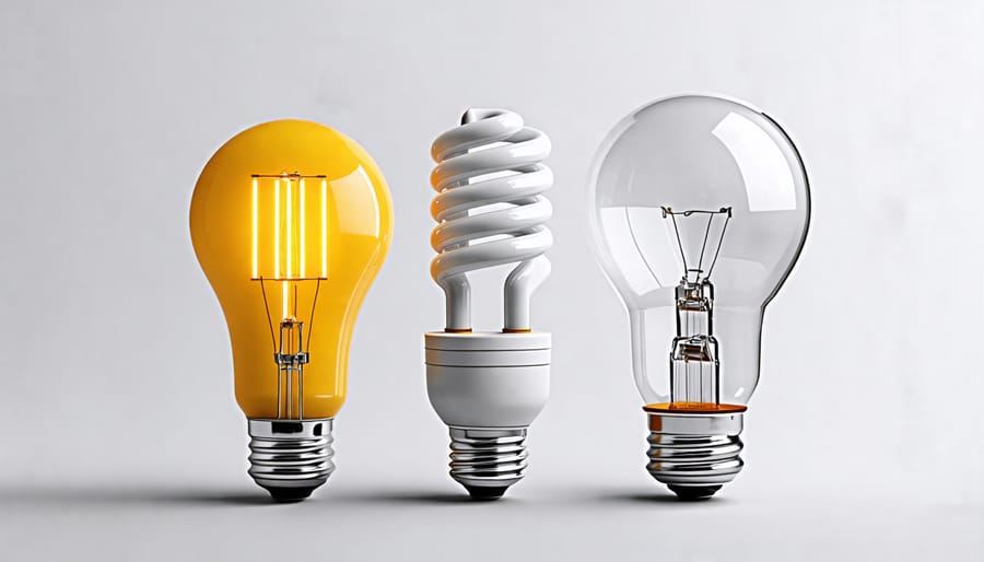 Side-by-side comparison of LED, CFL, and halogen light bulbs