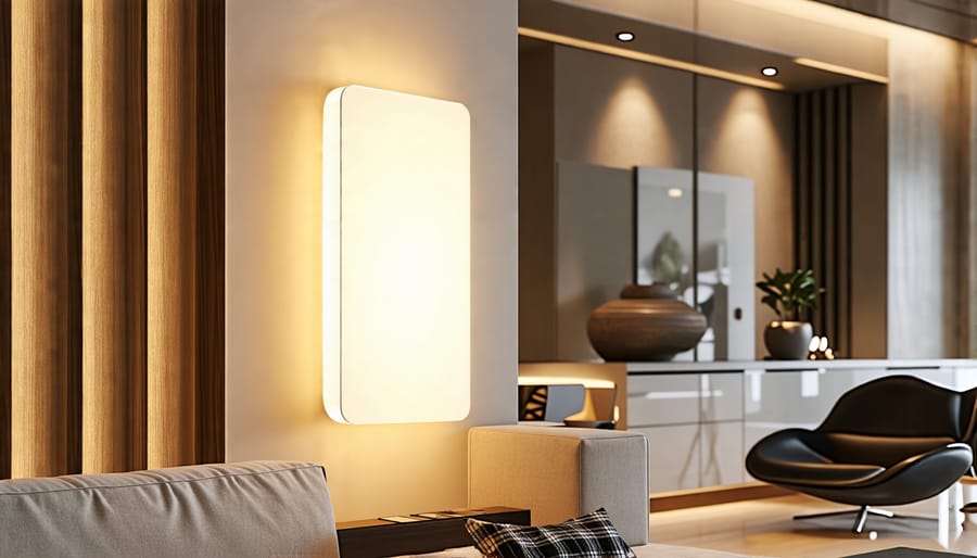 Contemporary LED light fixture in a living room setting, emphasizing energy efficiency