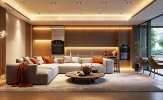 Modern living room illuminated by various LED lighting fixtures, including strip lights, floor lamps, and ceiling lights, demonstrating the versatility of LED technology.