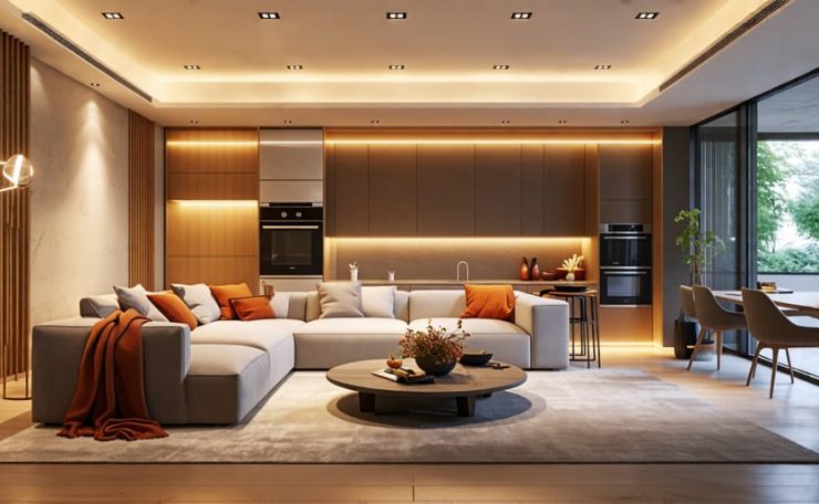 Modern living room illuminated by various LED lighting fixtures, including strip lights, floor lamps, and ceiling lights, demonstrating the versatility of LED technology.